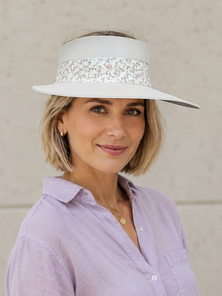 Tall Taupe Visor Hat - Soft Floral Band