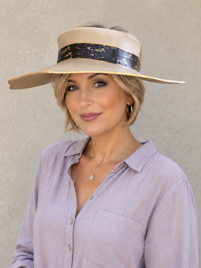 Woman wearing a wide-brimmed hat with a black band against a neutral background
