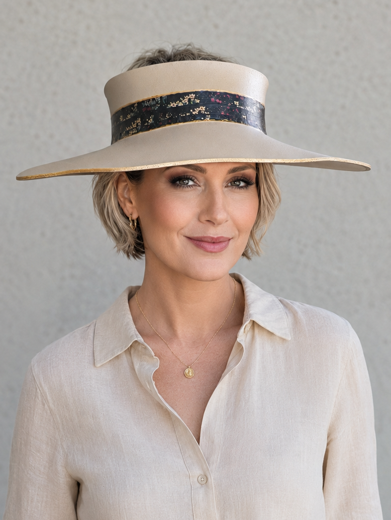 Woman wearing a wide-brimmed beige hat with a decorative band against a gray background