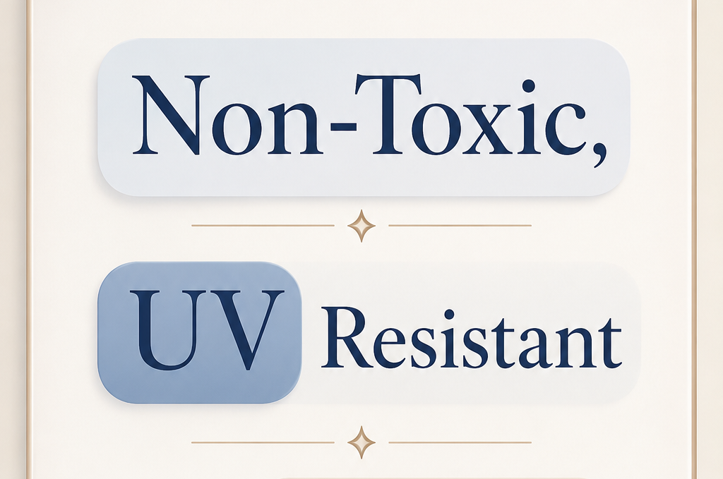 Text on a beige background indicating properties of a product: non-toxic, UV resistant, and no heavy metals.