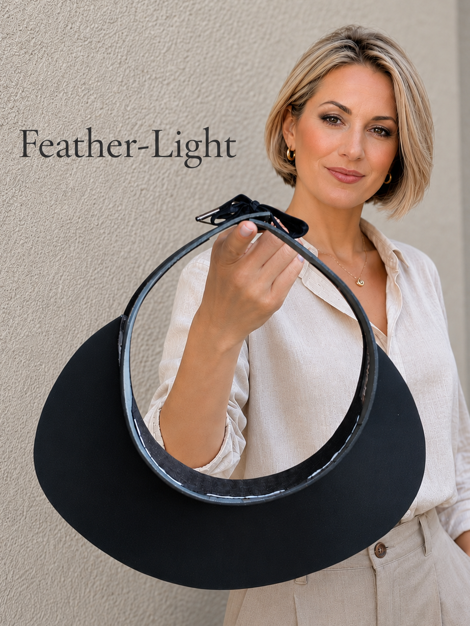 Woman holding a black hat with 'Feather-Light' text on a plain background