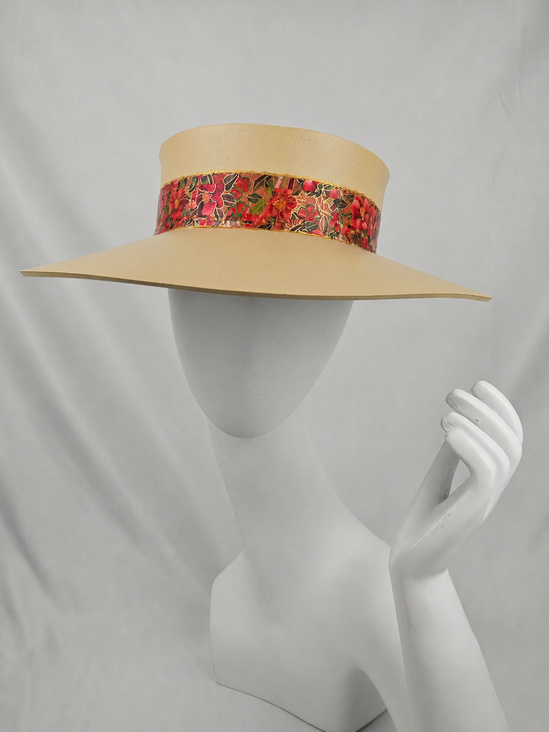 Beige Visor Hat - Red Floral Band