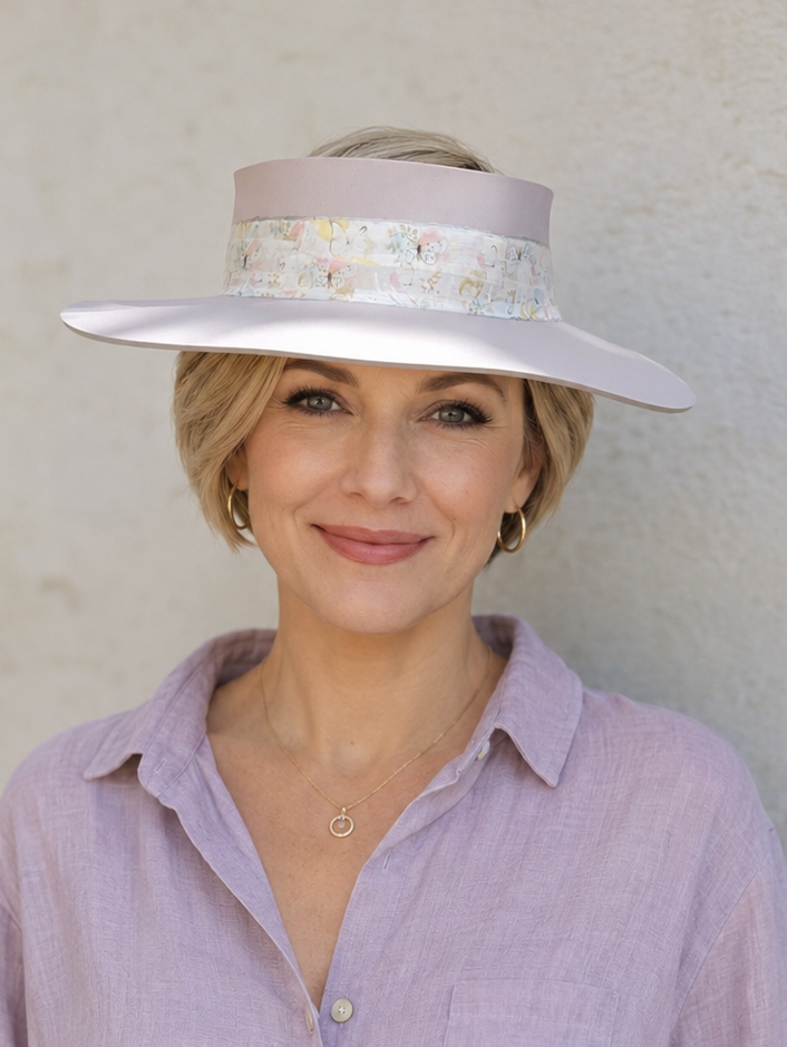 Light Pink Visor Hat - Pastel Floral and Butterfly Band