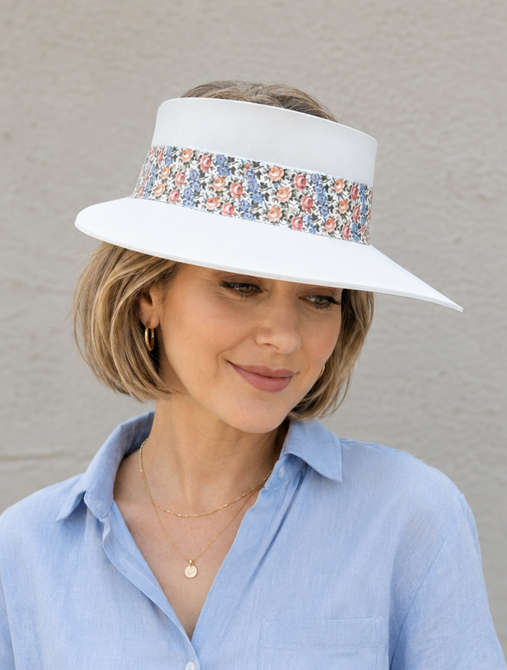 Tall Taupe Visor Hat - Pink and Blue Floral Band