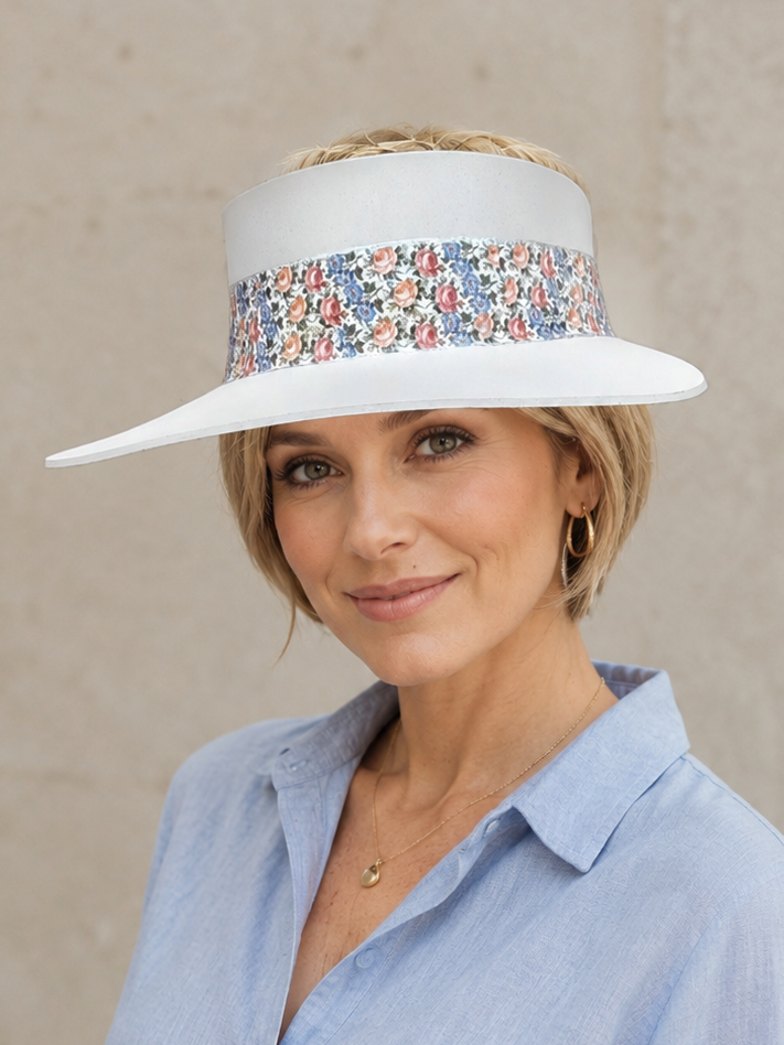 Tall Taupe Visor Hat - Pink and Blue Floral Band