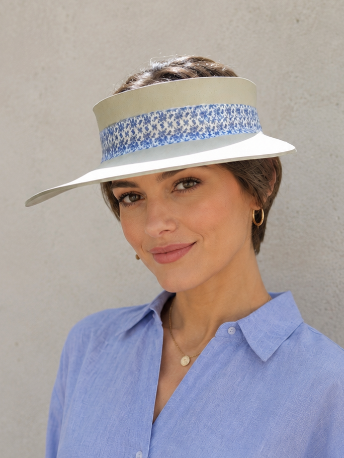 Beige Visor Hat - Floral Blue Band