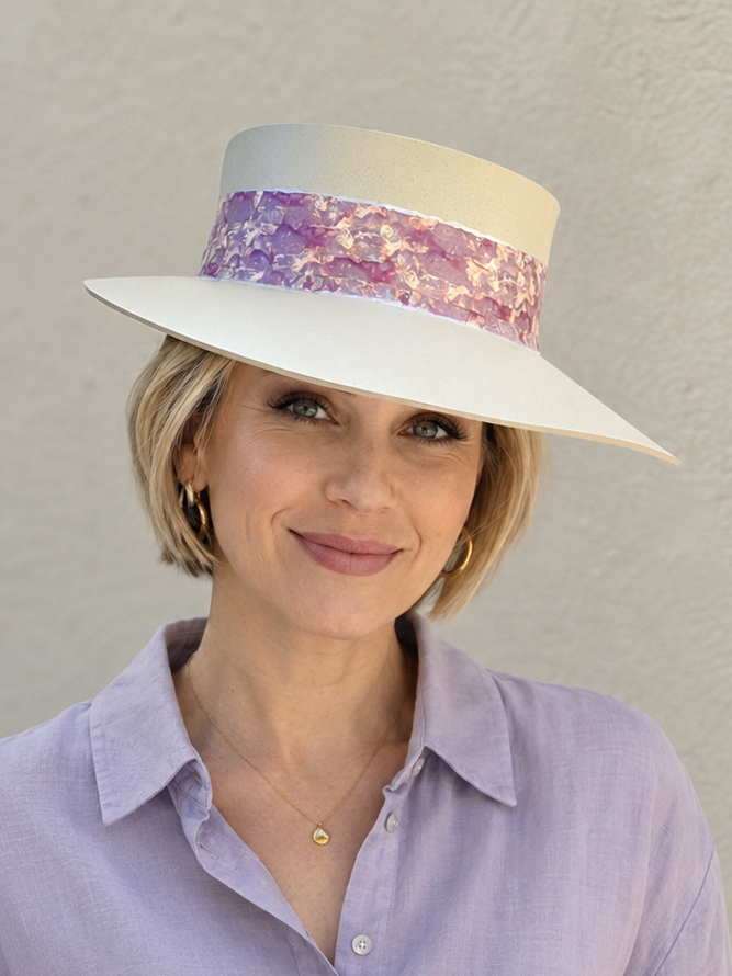 Tall Beige Visor Hat - Magenta, Purple, Pink Band