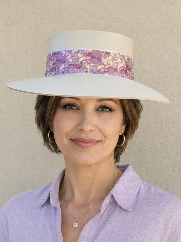 Tall Beige Visor Hat - Magenta, Purple, Pink Band