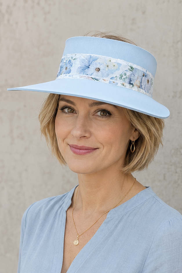 Tall Light Blue Visor Hat - Blue Floral Band