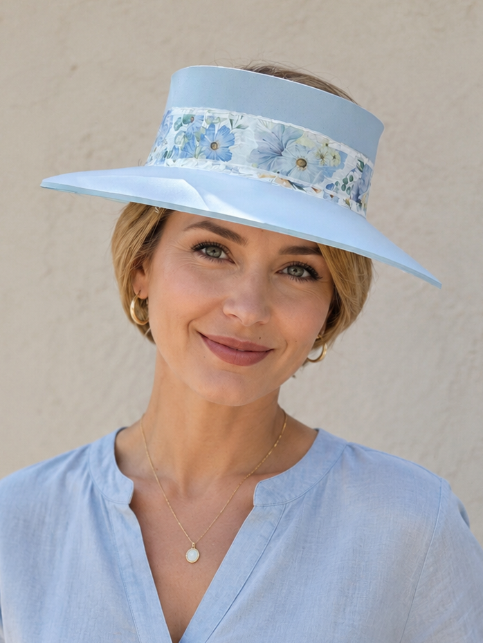Tall Light Blue Visor Hat - Blue Floral Band