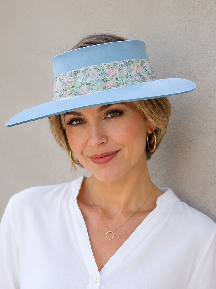 Tall Light Blue Visor Hat - Pink Garden Themed Band