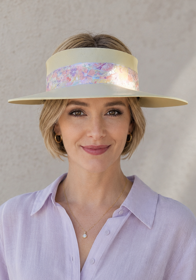 Woman wearing a wide-brimmed hat with a colorful band against a neutral background
