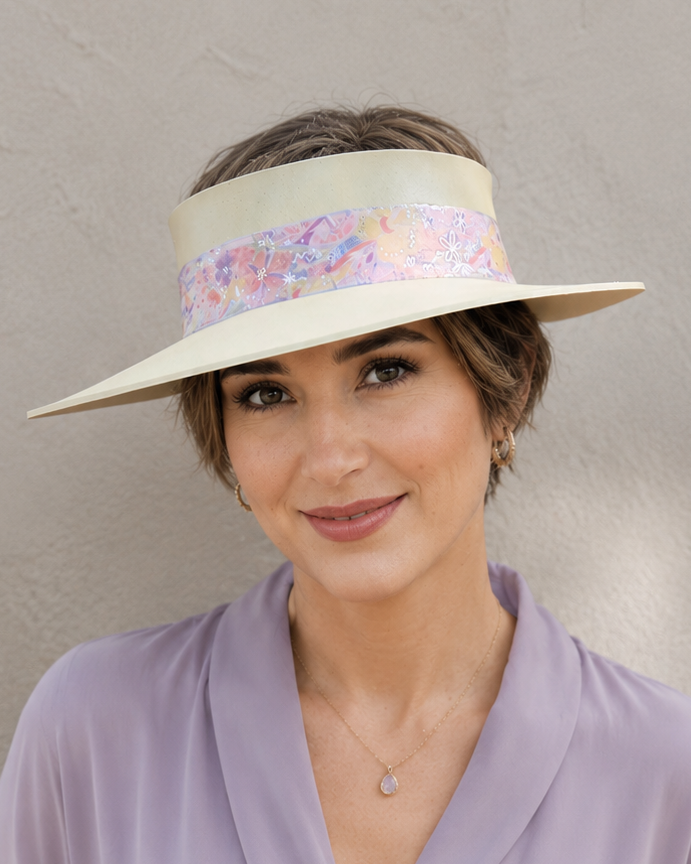 Beige Visor Hat - Bright Pastel Pink Floral Band