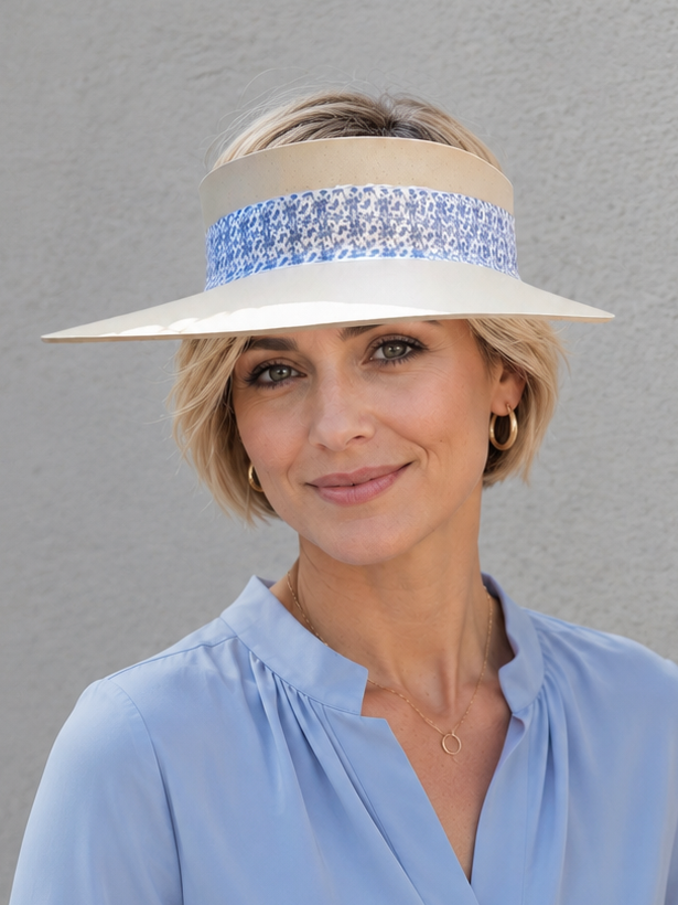 Beige Visor Hat - Delicate Blue Floral Band