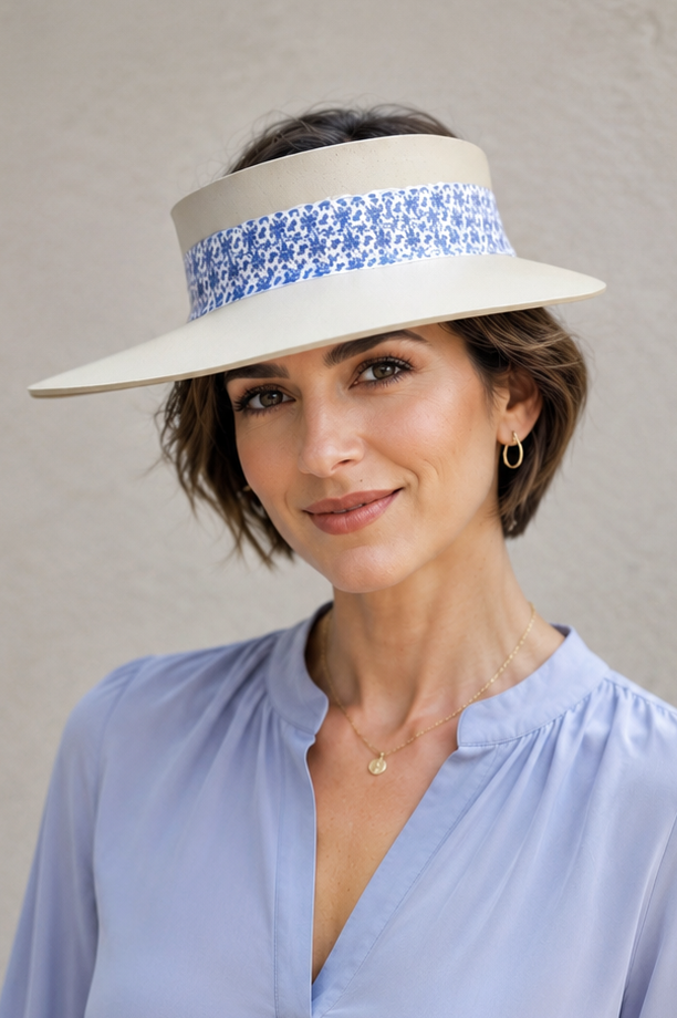 Beige Visor Hat - Delicate Blue Floral Band