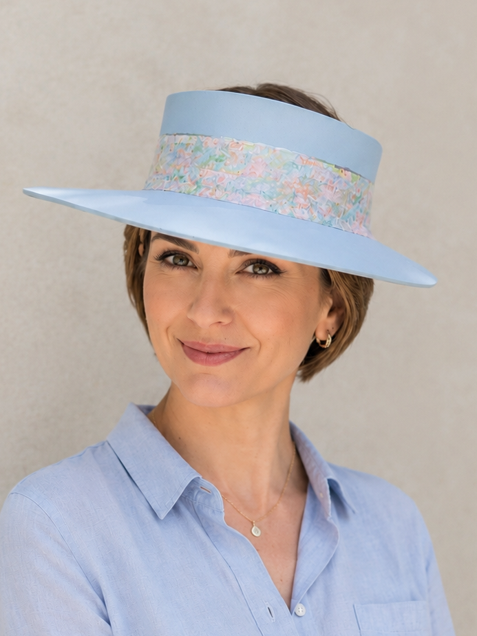 Tall Light Blue Visor Hat - Pastel Floral Band