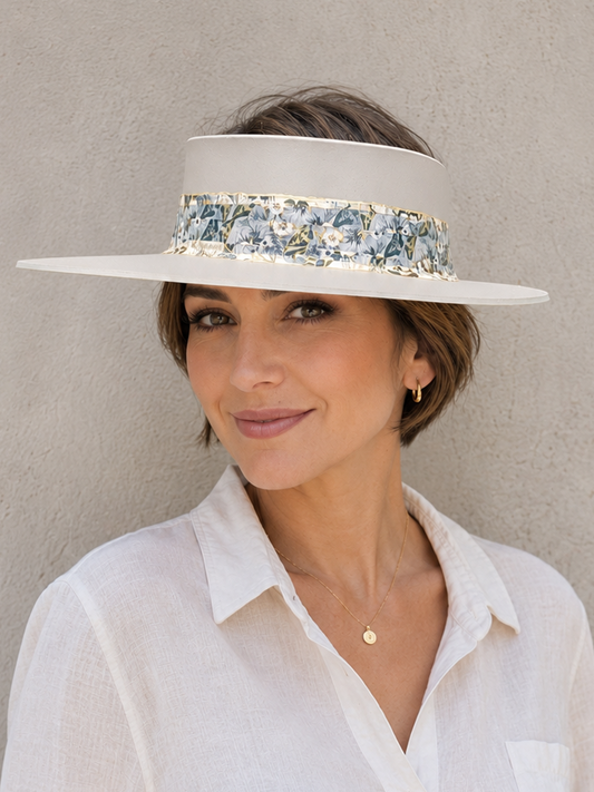 Tall Taupe Brown Visor Hat - Pink and Golden Floral Band