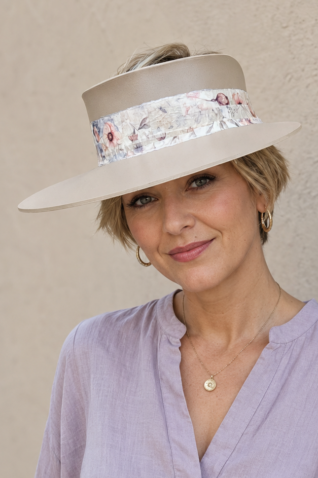 Tall Taupe Brown Visor Hat - Bold Pink Floral Band