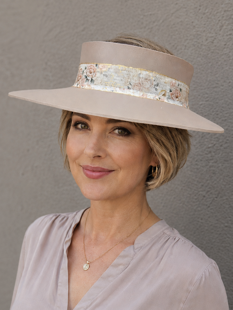 Taupe Brown Visor Hat - Pink Floral Band