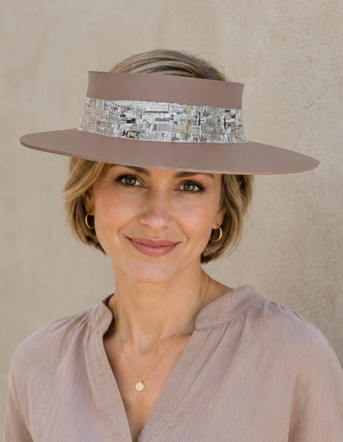 Mauve Brown Visor Hat - Vintage Collage Style Band