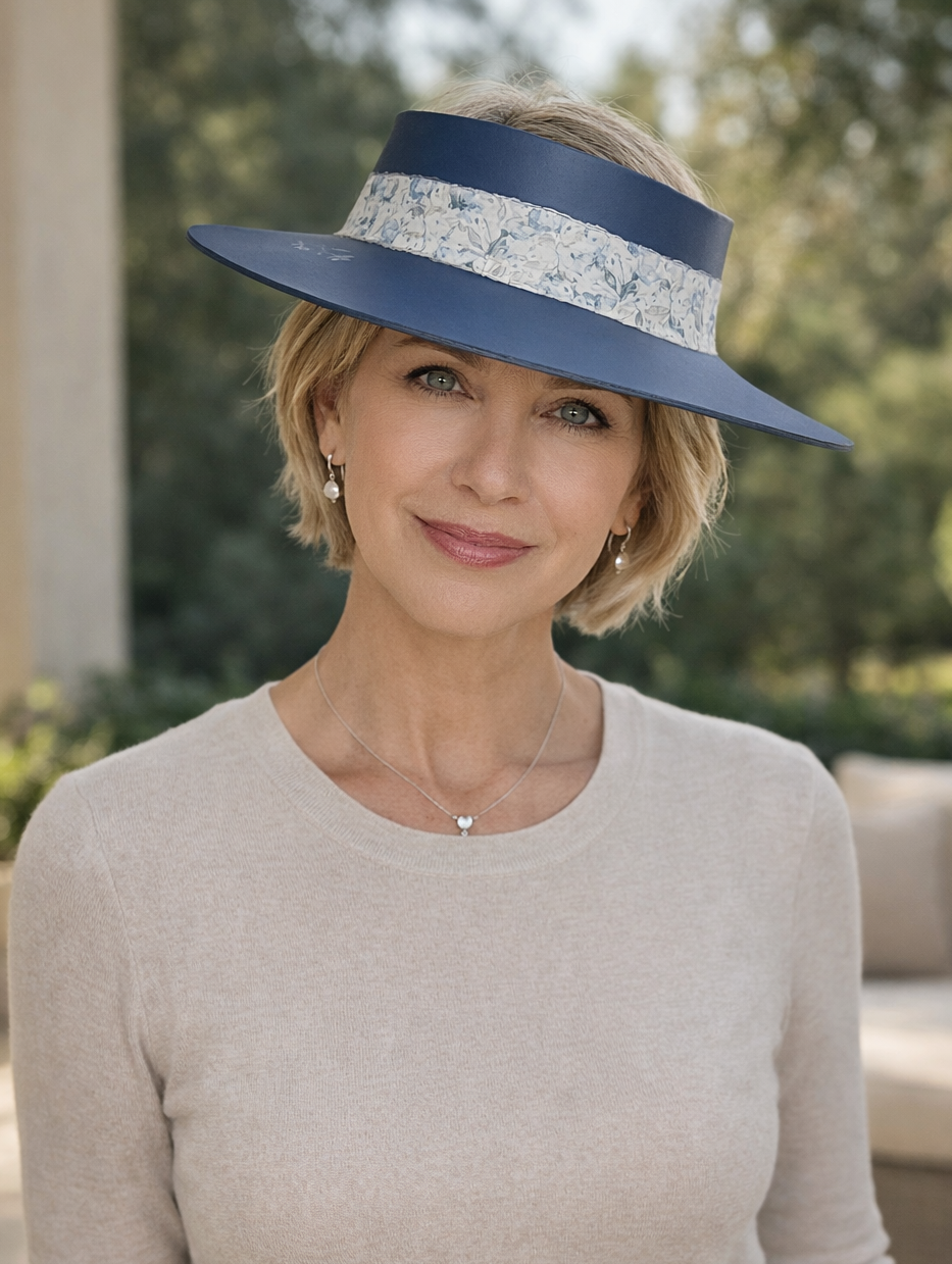 Woman wearing a wide-brimmed hat with floral band outdoors
