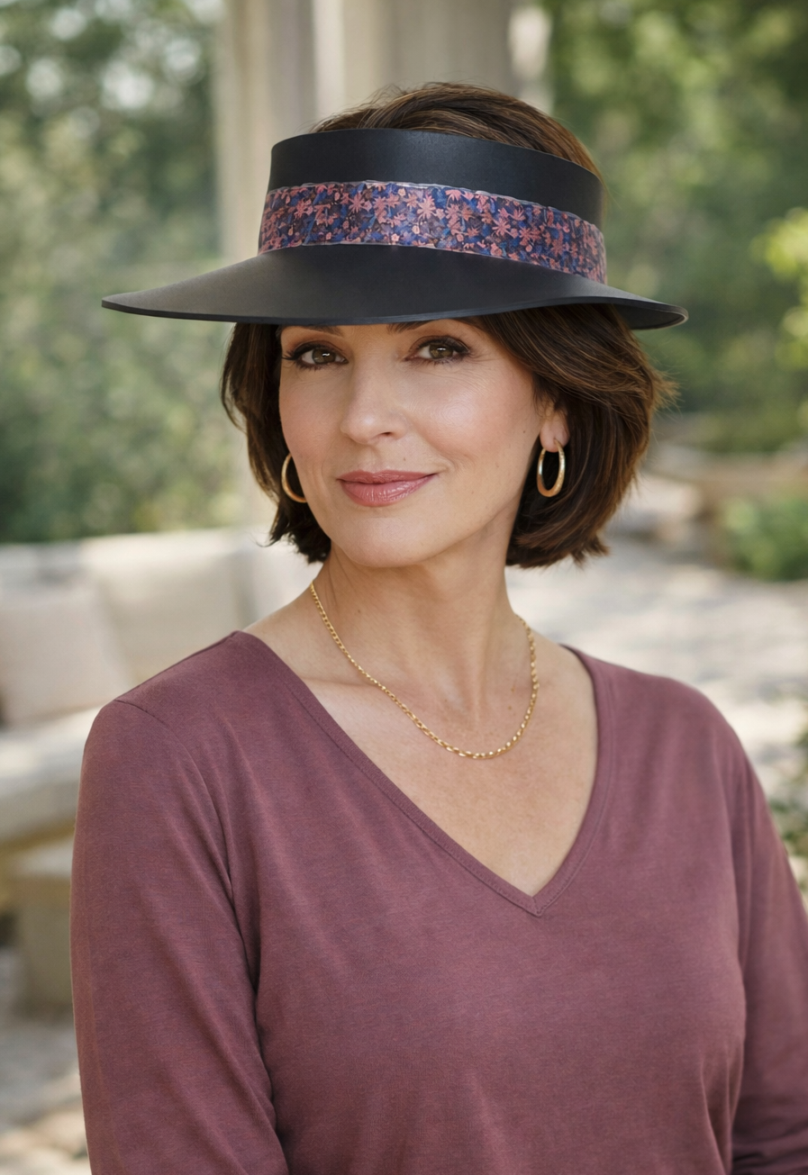 Woman wearing a wide-brimmed hat with a floral band outdoors