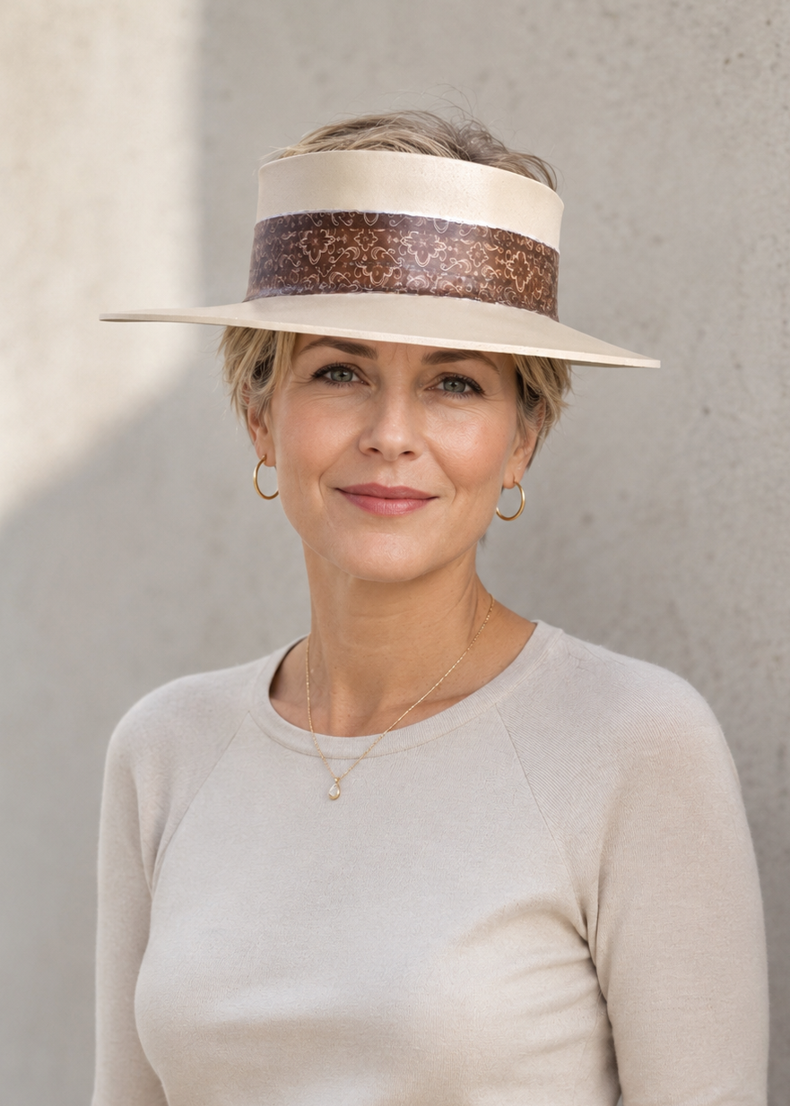 Tall Beige Visor Hat - Geometric Burgundy Band