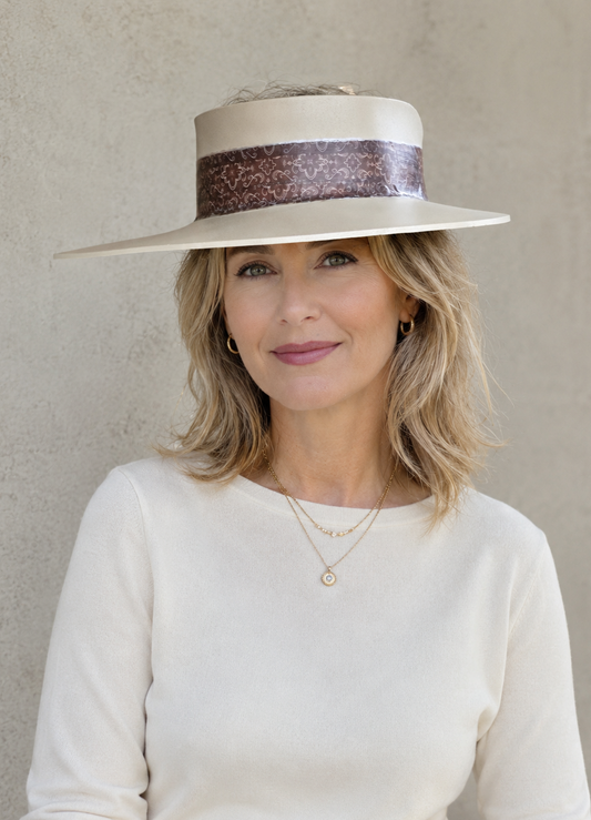 Tall Beige Visor Hat - Geometric Burgundy Band