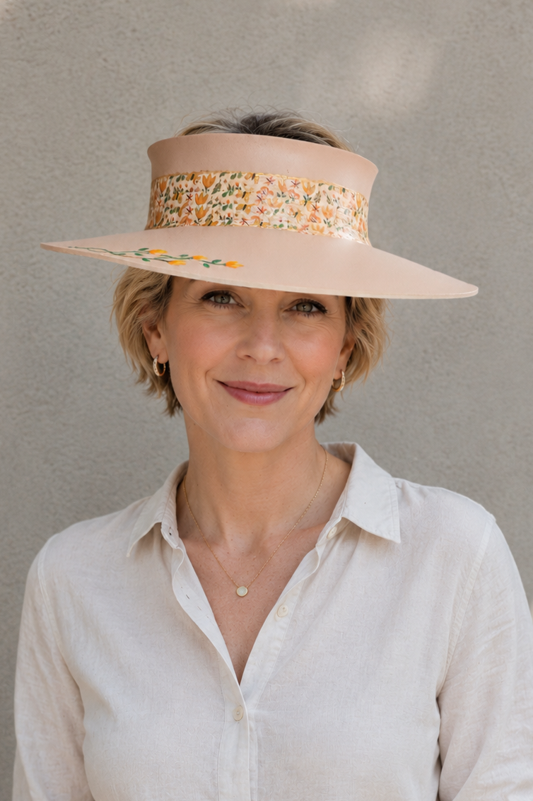 Tan Visor Hat - Autumn Floral Band and Hand painted Orange Floral Motif