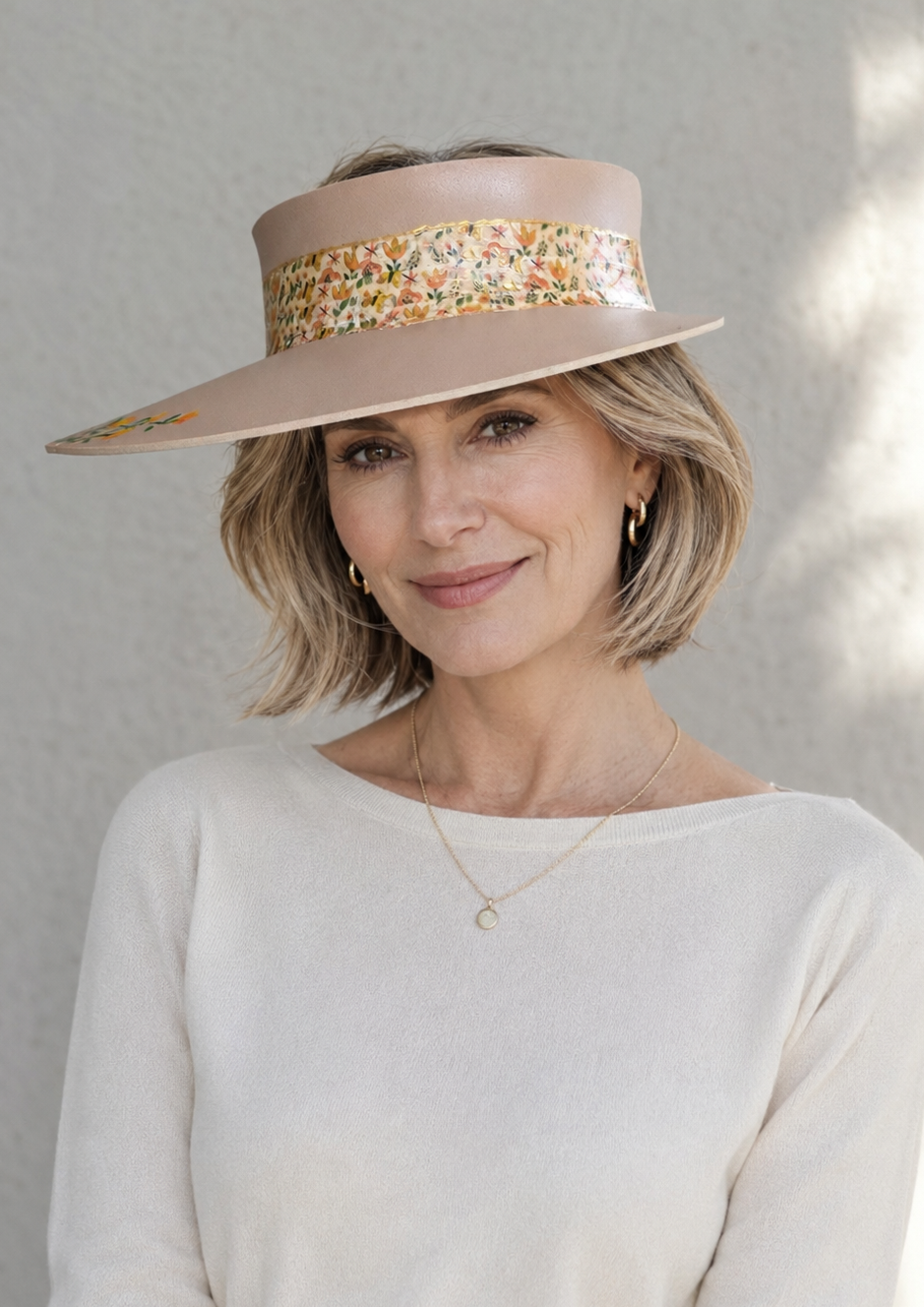 Tan Visor Hat - Autumn Floral Band and Hand painted Orange Floral Motif