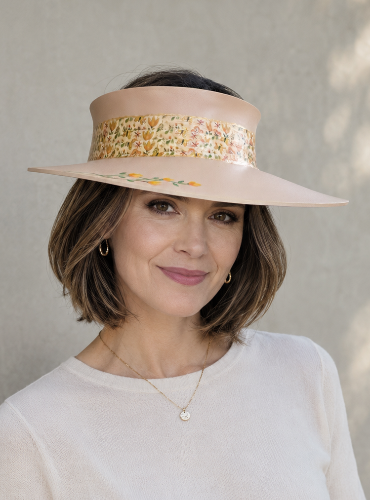 Tan Visor Hat - Autumn Floral Band and Hand painted Orange Floral Motif