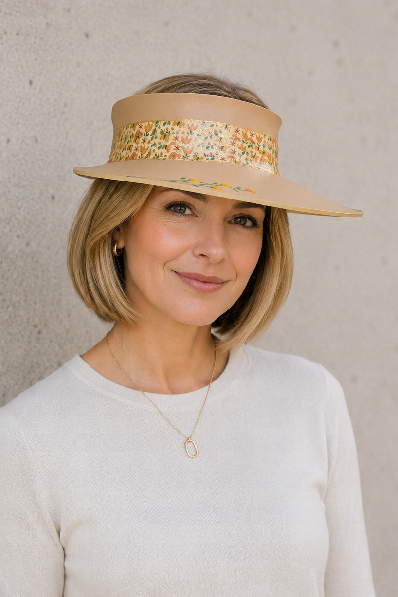 Tan Visor Hat - Autumn Floral Band and Hand painted Orange Floral Motif