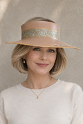 Tan Visor Hat - Floral Band and Hand painted Blue Floral Motif