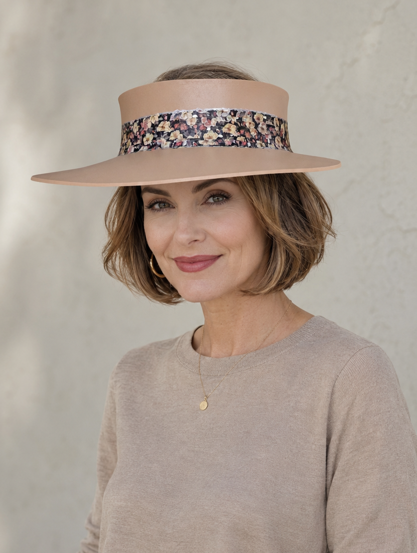 Tan Visor Hat - Dark Floral Band and Silver Accents