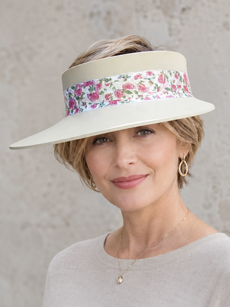 Beige Visor Hat - Bright Pink Floral Band