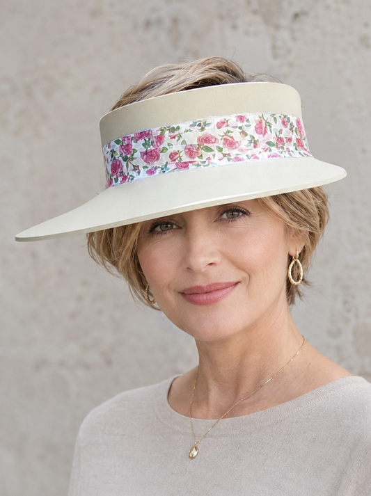 Beige Visor Hat - Bright Pink Floral Band