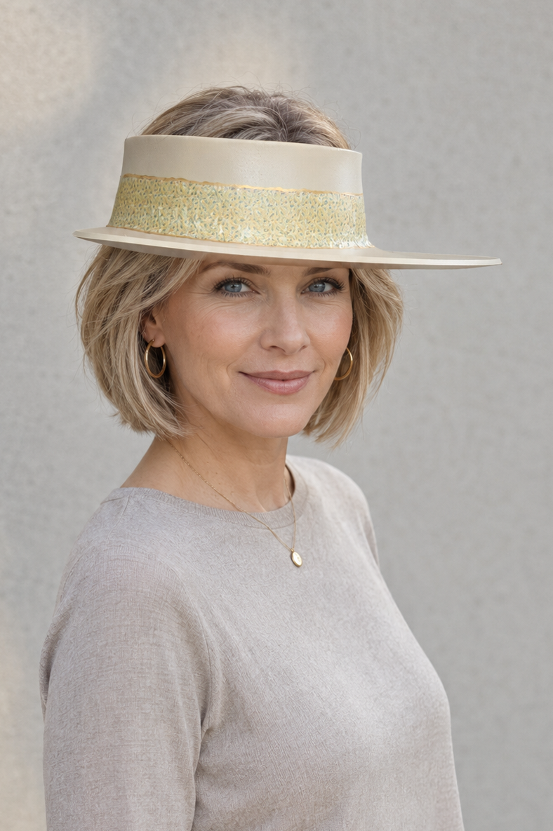Beige Visor Hat with Delicate Floral Band