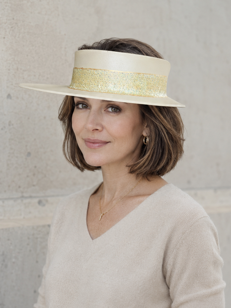 Beige Visor Hat with Delicate Floral Band