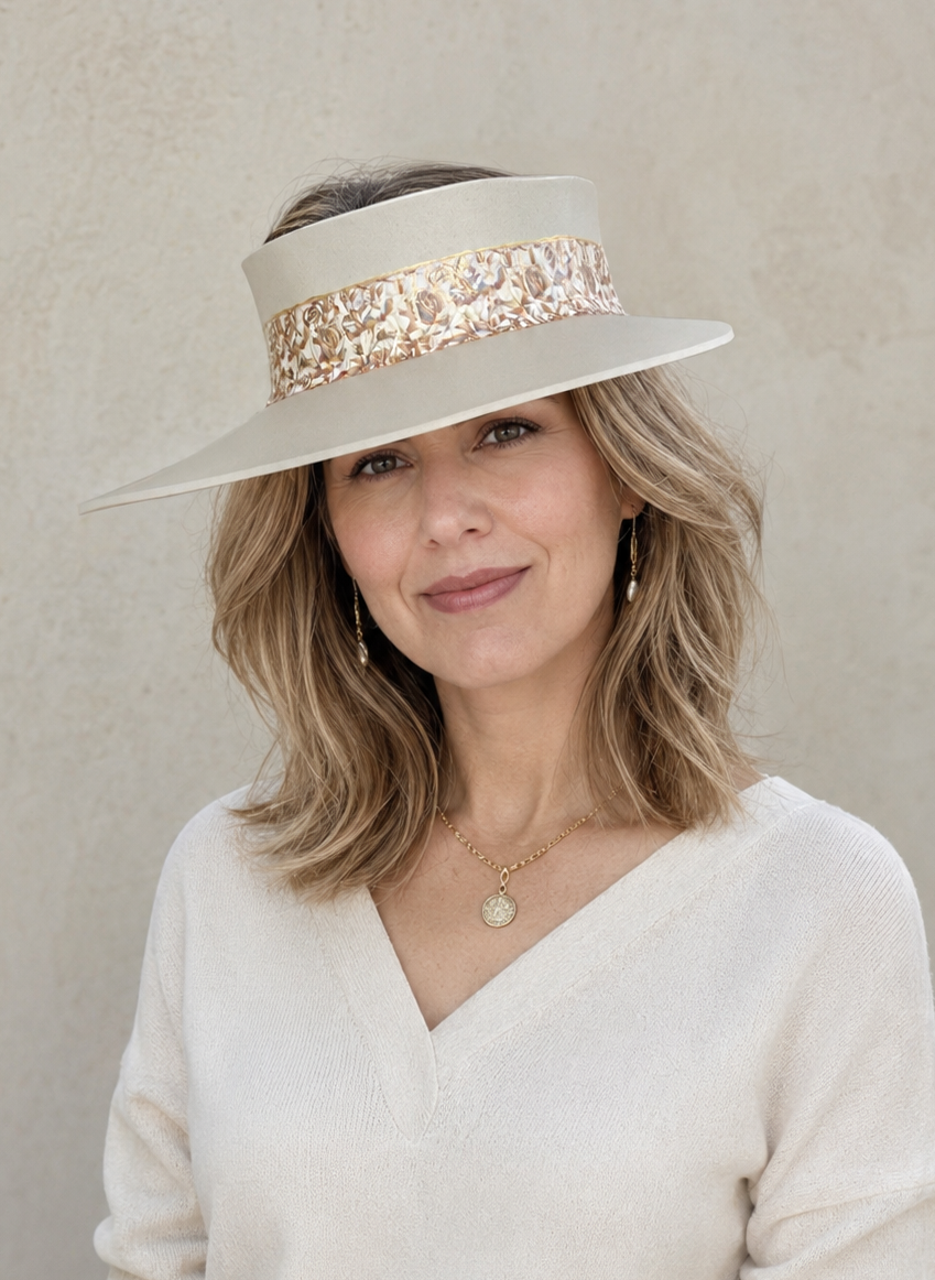 Beige Visor Hat - Light Golden Floral Band