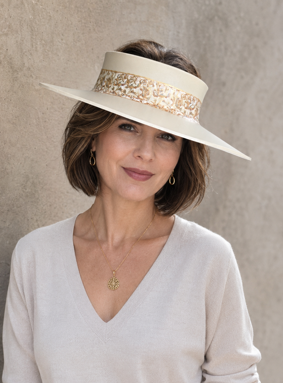 Beige Visor Hat - Light Golden Floral Band