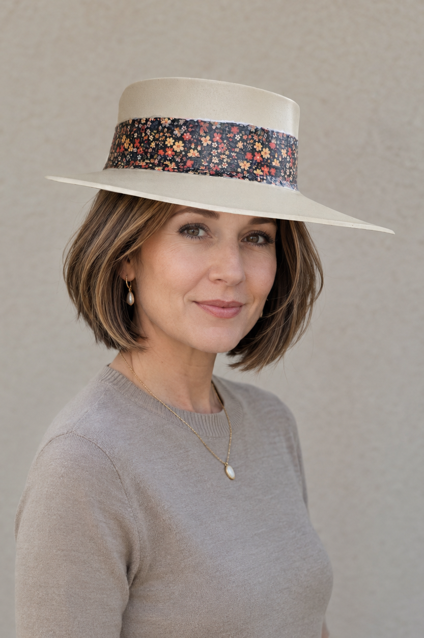 Tall Beige Visor Hat - Black Multicolored Floral Band
