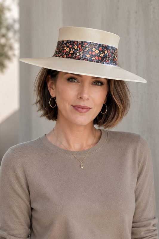 Tall Beige Visor Hat - Black Multicolored Floral Band