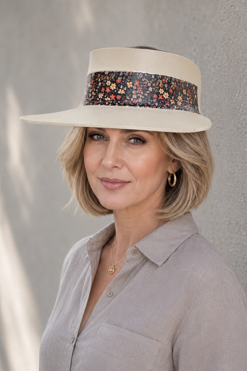 Tall Beige Visor Hat - Black Multicolored Floral Band