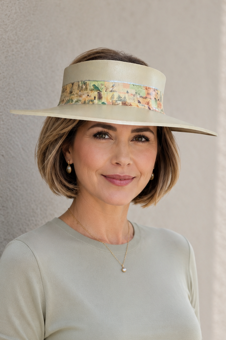 Woman wearing a light-colored hat with a floral band against a neutral background