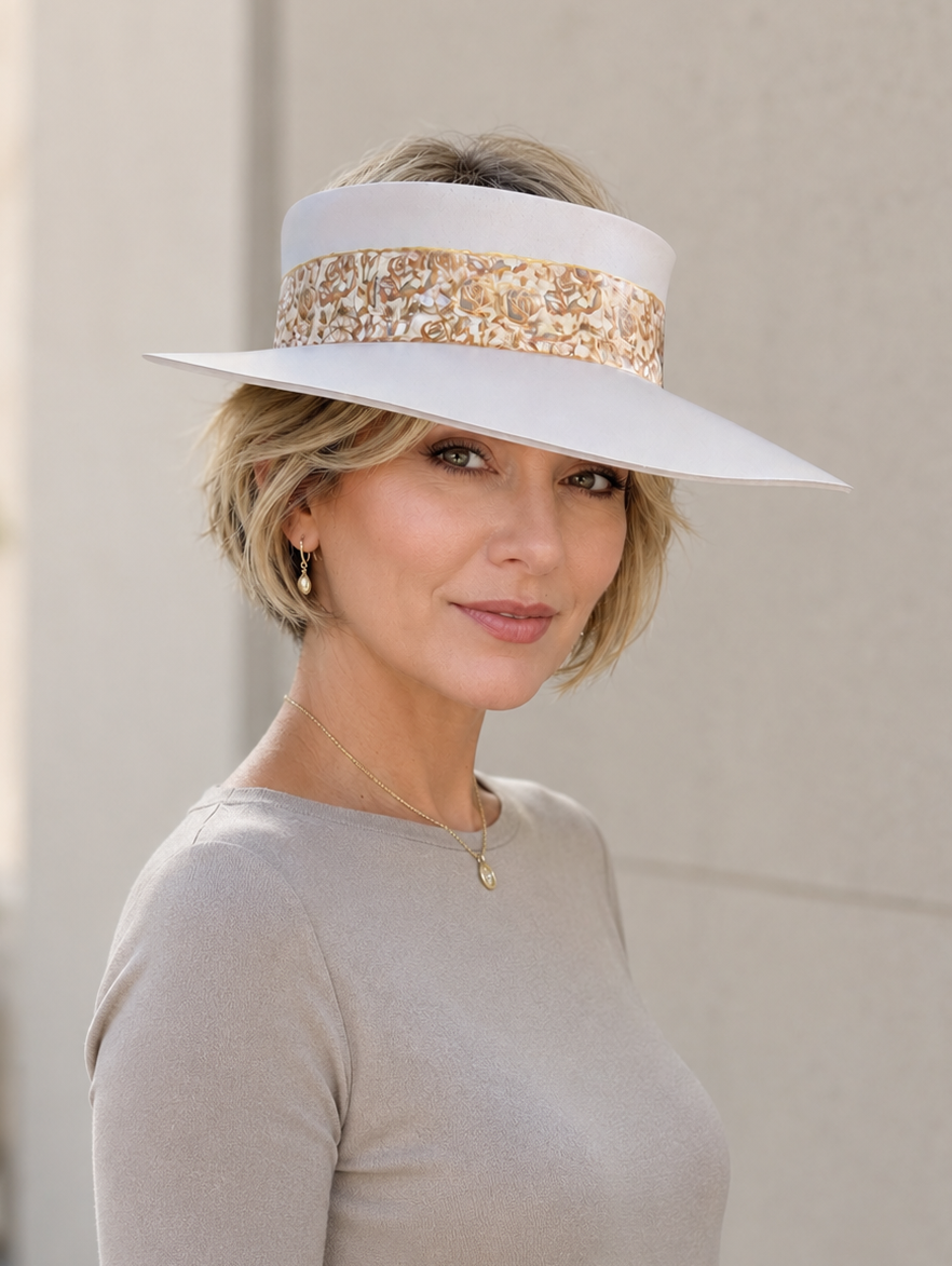 Taupe Visor Hat - Golden Floral Band