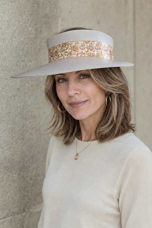 Taupe Visor Hat - Golden Floral Band