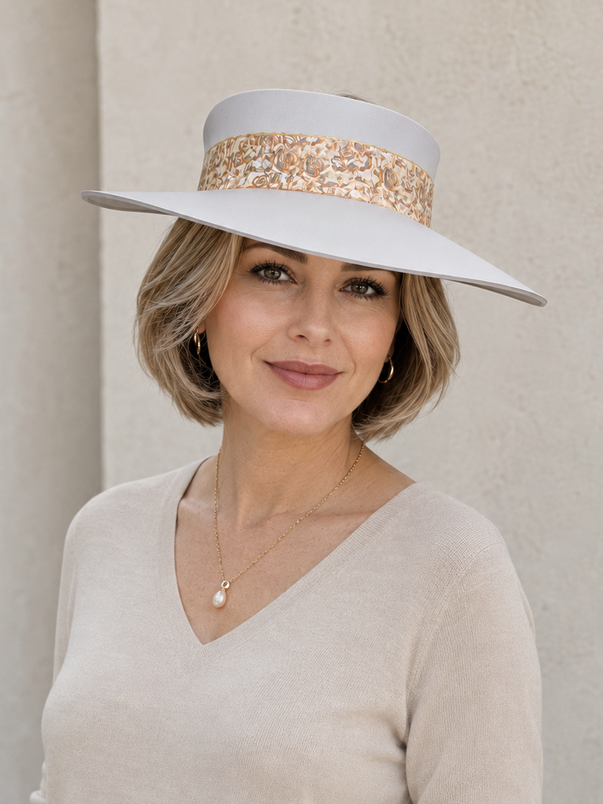 Taupe Visor Hat - Golden Floral Band