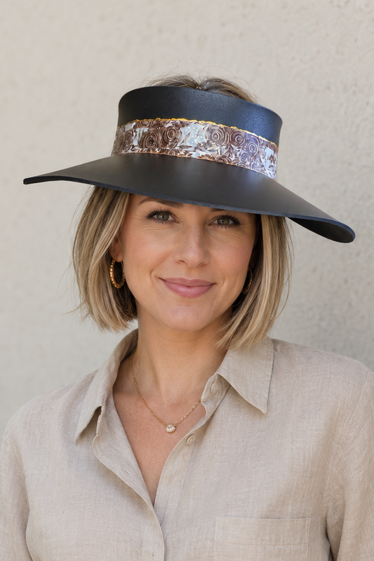 Black Visor Hat - Brown and Golden Floral Band