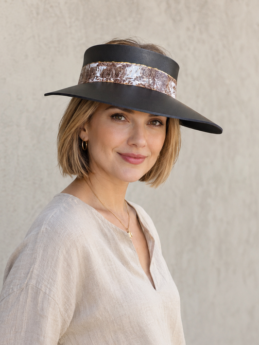 Black Visor Hat - Brown and Golden Floral Band