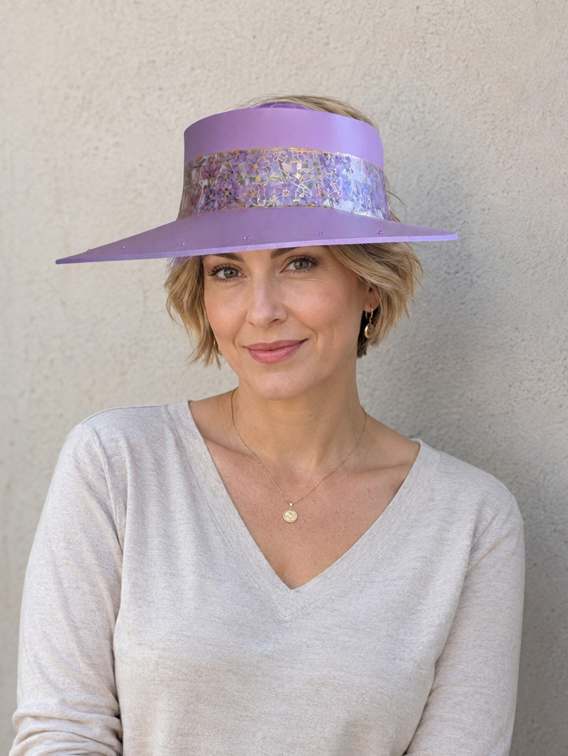 Tall Purple Visor Hat - Purple Floral Band and Rhinestone Border